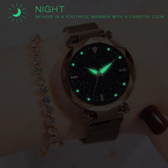 Reloj de cuarzo femenino elegante con cristal y cielo estrellado