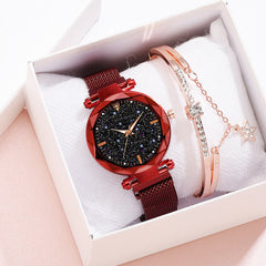 Elegant Women's Quartz Watch with Crystal and Starry Sky