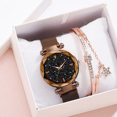 Elegant Women's Quartz Watch with Crystal and Starry Sky