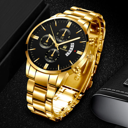 Men's Stainless Steel Analog Quartz Wristwatch with Date Clock