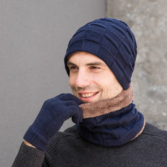 Winter Man Hat Gloves Scarf Two-piece Three-piece Set Knitted Men's Outdoor Warm Beanie Cap