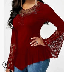 Autumn long-sleeved lace Mosaic Irregular T-shirt