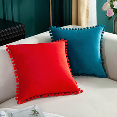 Velvet Cushion with Pompon Home Decoration Sofa Pillowcase Solid Color Drop Ball Plush Car Home Living Room Pillowcase