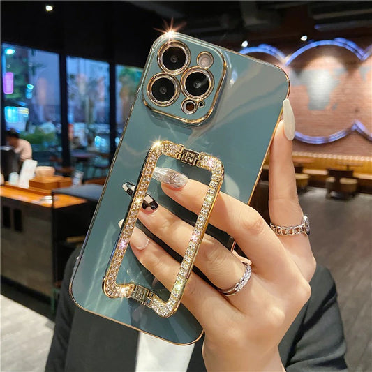 Korea 3D Kristallquadrat Halter Goldbeschichtung Telefonhülle für iPhone 14 12 Pro Max Mini 11 13 Pro X XS XR 6 S 7 8 plus SE -Deckung
