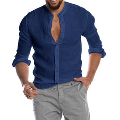 Best Selling Autumn Winter V-neck Linen New Arrived Cardigan Stand Collar Long sleeve Male Shirt