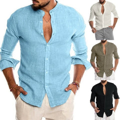 Best Selling Autumn Winter V-neck Linen New Arrived Cardigan Stand Collar Long sleeve Male Shirt