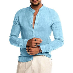 Best Selling Autumn Winter V-neck Linen New Arrived Cardigan Stand Collar Long sleeve Male Shirt