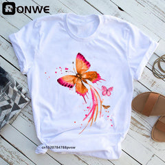 Femme Butterfly Tree Print HARAJUKU Shirts d'été décontractés Cound Cou Short Top Tee-Shirt.