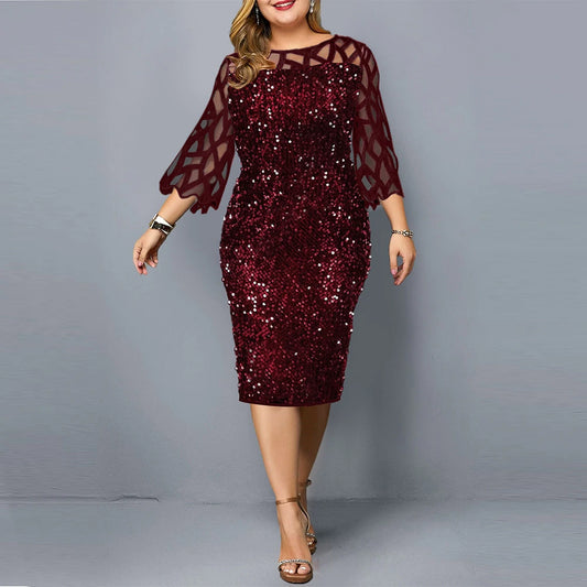 Fashion Women Elegant Solid Splicing Sequin Dress