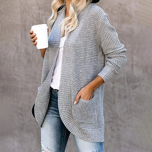 Women's Curved Placket Big Pocket Sweater Cardigan