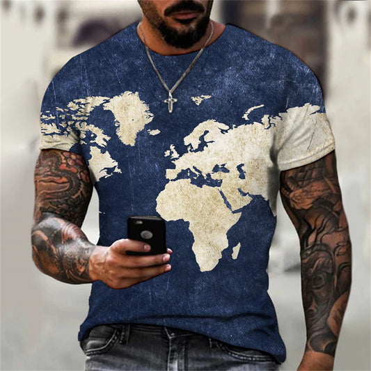 Uomini Summer Europa e Stati Uniti Trend Nuovo colletto rotondo cento magliette Mappa a manica corta stampa 3D