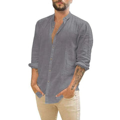 Men's Long-Sleeved Shirts Summer Solid Color Stand-Up Collar Casual