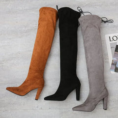 Sexy Party Boots Fashion Suede Leather Shoes Women Over the Knee Heels Boots Stretch Flock Winter High Boots botas Feminino