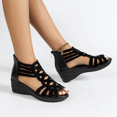 Women's Summer Artificial Leather Rhinestones Non Slip Zipper Wedges Beach Open Black Sandals for Women Wedge under 10