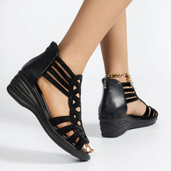 Women's Summer Artificial Leather Rhinestones Non Slip Zipper Wedges Beach Open Black Sandals for Women Wedge under 10