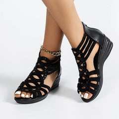 Women's Summer Artificial Leather Rhinestones Non Slip Zipper Wedges Beach Open Black Sandals for Women Wedge under 10