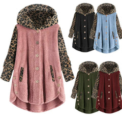 Cross-Autumn and Winter Style Buttons Long Sleeve Leopard Stitching Women's Hooded Plush Coat