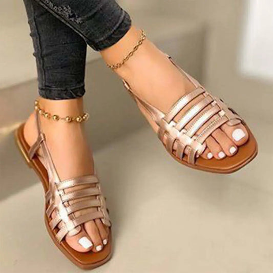 Hyishion Frauen elegante Sandalen, bequemer Slip am Strandsandalen, Boho Fischmund PU Leder Offene Toilschuhe, Gold, EU40