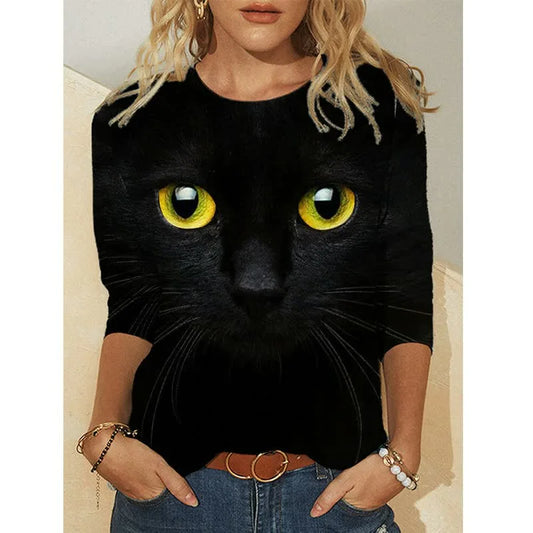 T-shirt da donna con stampa rotonda stampata per gatto