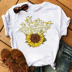 Maycaur Nuovo girasole con maglietta Dragonfly Women Harajuku T-shirt neri da cartone animato da cartone animato con tees vestiti