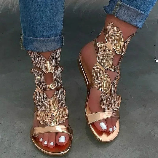 Moda de rehinestona de verano sandalias de mujer plana abiertos anti-slip cómodos