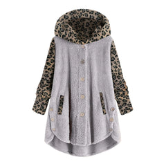 Pulsanti cross-autunno e inverno pulsanti a manica lunga cucitura leopardo cappotto con cappuccio da donna