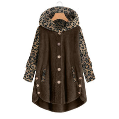 Long Sleeve Leopard Stitching Women's Hooded Plush Coat