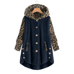 Cross-Autumn and Winter Style Buttons Long Sleeve Leopard Stitching Women's Hooded Plush Coat