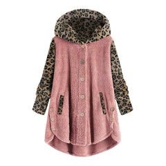 Long Sleeve Leopard Stitching Women's Hooded Plush Coat