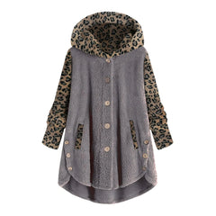 Cross-Autumn and Winter Style Buttons Long Sleeve Leopard Stitching Women's Hooded Plush Coat