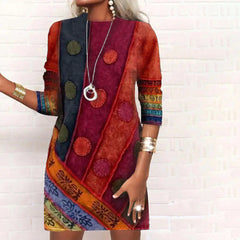 Women's Patchwork Round Neck Slim Long Sleeve Printed Mini Dress