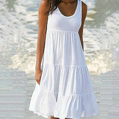 Robe d'été robe blanche femme mode décontractée robes de grande taille sans manches couleurs solides robe de plage en vrac.