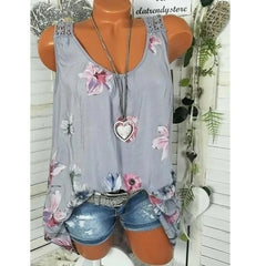 Frauenmode - Rücken hohl Spitzenbluse runder Nackenblumendruck ärmellose Casual Tank Tops (S -5xl)