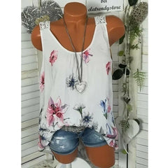 Women's Fashion - Back Hollow Lace Blouse Round Neck Floral Print Sleeveless Casual Tank Tops (S-5XL)