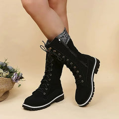 Chunky Heel Round-Toe Lace-up Spliced Long Boots Cowboy Boots