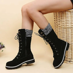 Chunky Heel Round-Toe Lace-up Spliced Long Boots Cowboy Boots