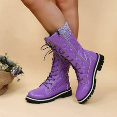 Chunky Heel Round-Toe Lace-up Spliced Long Boots Cowboy Boots