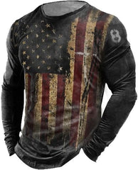 Men's American Flag Print Round Neck Long Sleeve T-Shirt Retro Motorcycle Biker Pullover Sport T-Shirt