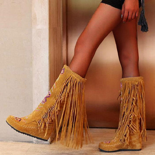 Women's Mid-Calf Boots Embroidered Fringed Booties Winter Flats Suede Long Snow Boots