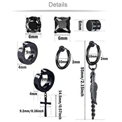 7 Paare magnetische Edelstahl-CZ-Clip-On-Ohrringe Nicht-Piercing Huggie Cross Feder Scharnier Ohrring Set Neutral Schwarz