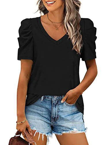 Alaroo Womens Summer Tops V Neck T Shirts Casual Puff Short Sleeve Shirts Curved Hem