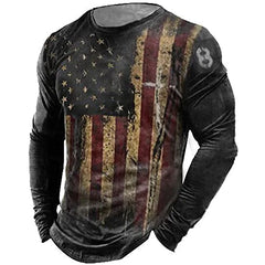 Men's American Flag Print Round Neck Long Sleeve T-Shirt Retro Motorcycle Biker Pullover Sport T-Shirt