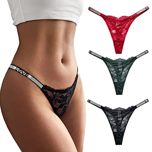 Spitzen G String -Tanga für Frauen Packen sexy Tanga Unterwäsche Blumen Low -Rise -Tanga -Höschen Damen Verstellbare Mikrospritzen Set Schwarzes Grün Rot