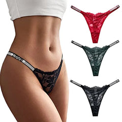 Lace G String Thongs for Women Pack Sexy Thong Underwear Floral Low Rise Thong Panties Ladies Adjustable Micro Panty Set Black Green Red
