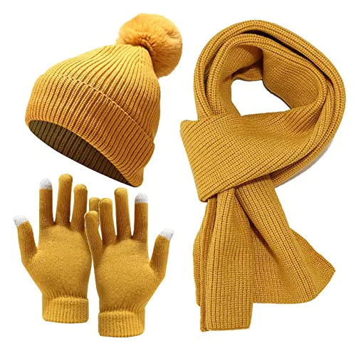 AGOUNOD Winter Warm Gloves Hat Windproof Sets Gloves Knit Knitted Winter Warm Men Scarf Adult Women Hat Skiing Cycling Baseball Caps Hat Nature Yellow