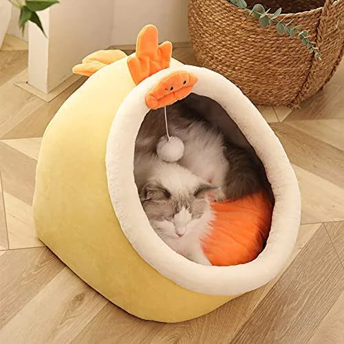 GMAAN Lit de grotte de compagnie mignon, Ultra Soft Fleece Cat Igloo Liber amovible et Washable Cat House Cozy Nest Bed for Small Dogs Cats (L, jaune)