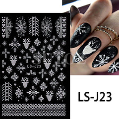 Nail Stickers - White Glitter Snowflake Heart Ribbon Christmas Winter Nail Decals