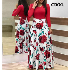 Abito maxi a manica lunga da donna stampare floreale tunica casual maxi abito