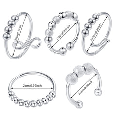 5 PCS Anxiété anxiété pour femmes, anxiété réglable Anneaux ouverts avec des perles Stress Spinner Rings For Women Girls (Silver)