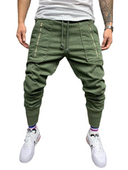 Men's Casual Sports Pants Classic 3D Zipper Patch Pocket Drawstring Elastic Cuff Pants Trendy Men